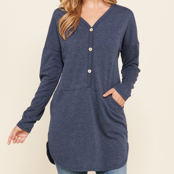 Tops - Blue Button Down Tunic Top Front Pockets